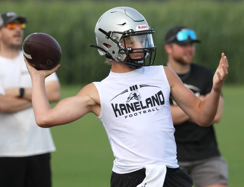 Kaneland’s Chase Kruckenberg throws a pass Tuesday, July 16, 2024, during their matchup against Geneva in the Kaneland 7-on-7 at the school in Maple Park.