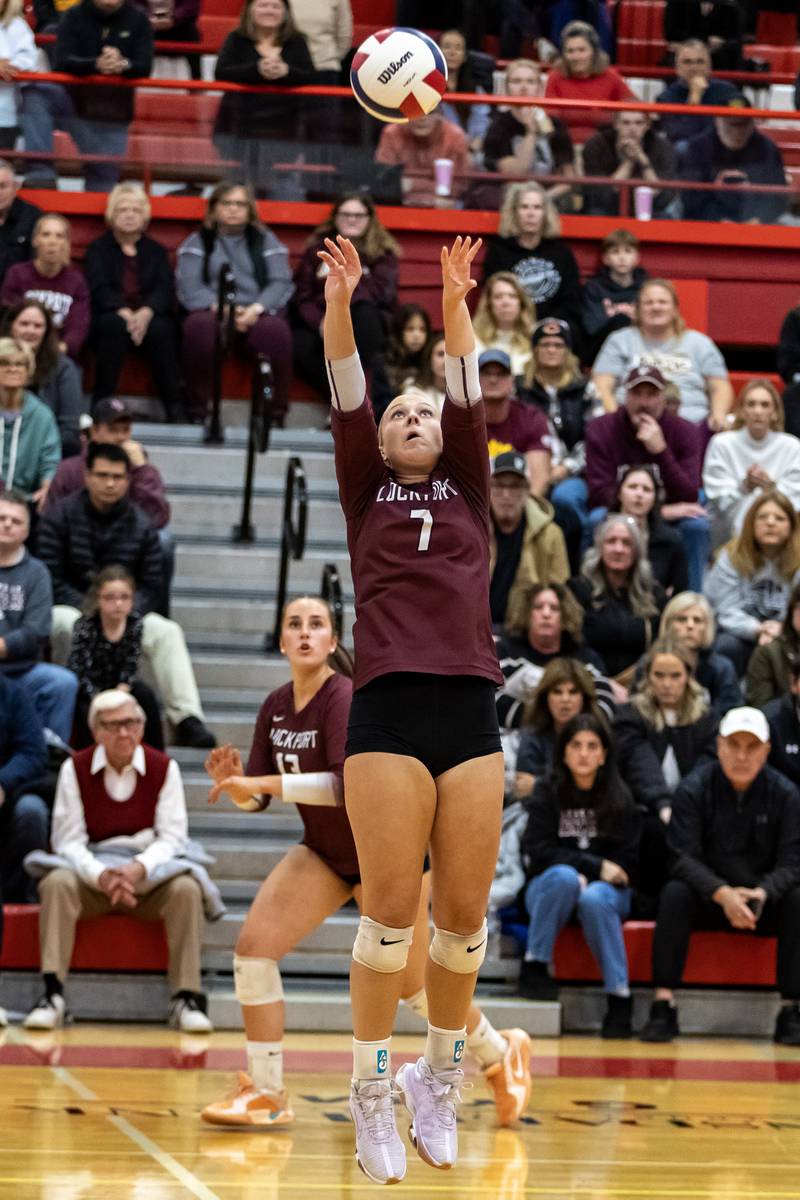 Lockport's Malley Green sets-up a teammate during a 4A Supersectional girls volleyball game against Oak Park-River Forest at Hinsdale Central on Nov. 10, 2025.