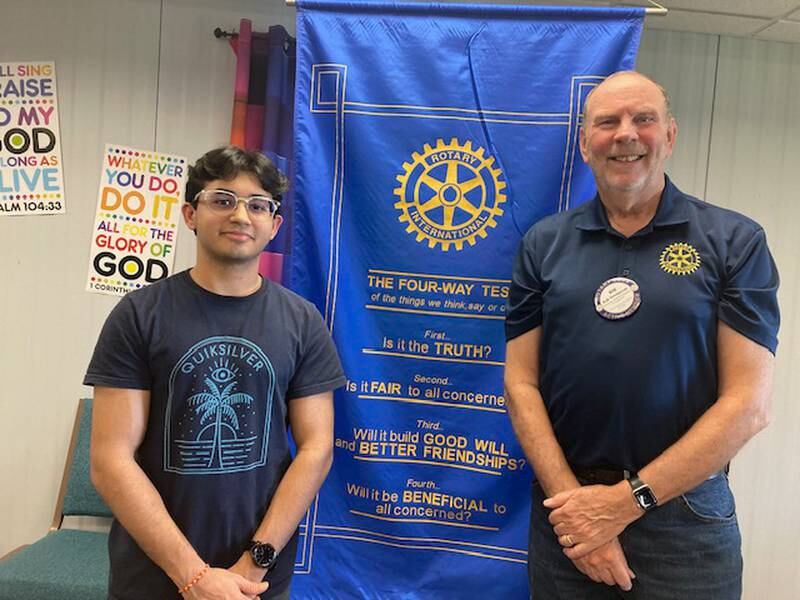 Rock Falls Rotary President Bob Sondgeroth (right) welcomed the Rock Falls High School April Rotary Student of the Month Akshar Barot (left), son of Varsha and Parimal Barot. His selection was based on the four-way test of what Rotarians think, say and do in their lives. Rotary students of the month are selected by the staff at RFHS based upon this test. Akshar plans to attend the University of Illinois in the fall.