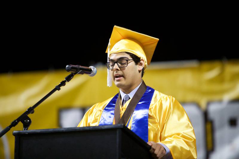 Salutatorian Parin Keerthi talks to the graduating class at the Jacobs High School graduation ceremony on May 21, 2022, at the NOW Arena in Hoffman Estates.