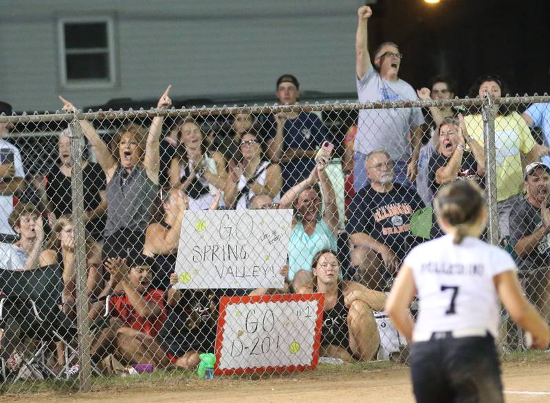 Spring Valley fans cheer on the softball team into the sixth inning against Evergreen Park in the Minor League Softball State title on Thursday, July 27, 2023 at St. Mary's Park in La Salle.