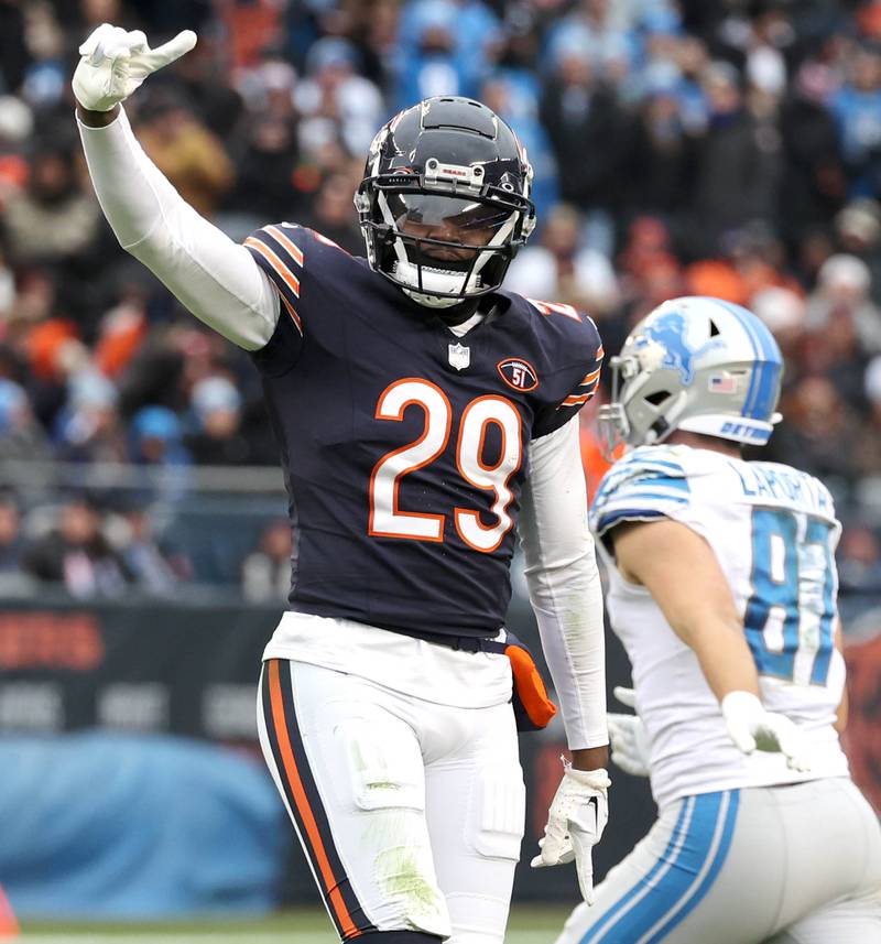 Chicago Bears cornerback Tyrique Stevenson celebrates after breaking up a pass intended for Detroit Lions tight end Sam LaPorta during their game Sunday, Dec. 10, 2023 at Soldier Field in Chicago.