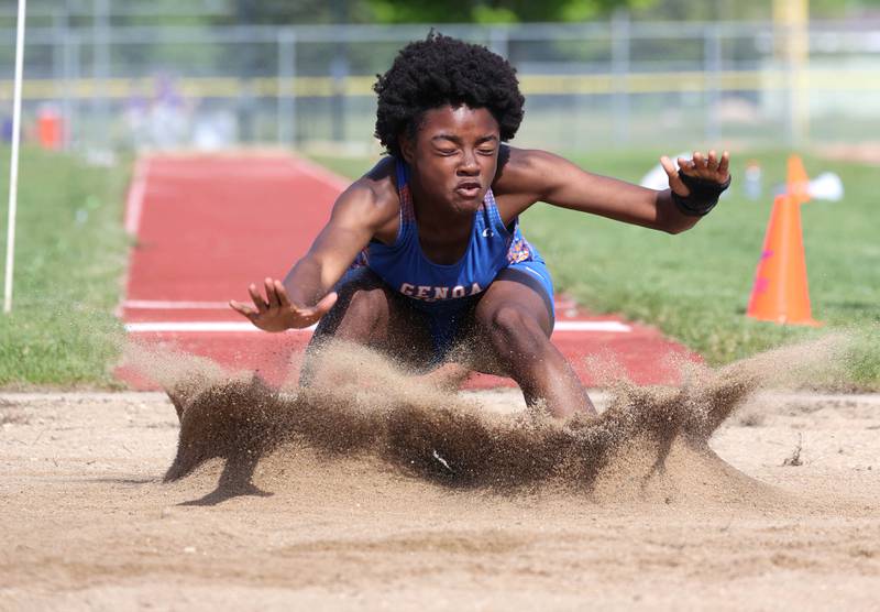 Genoa-Kingston’s Natasha Bianchi competes in the long jump Wednesday, May 8, 2024, during the girls track Class 2A sectional at Rochelle High School. Bianchi was a state qualifier in the event.