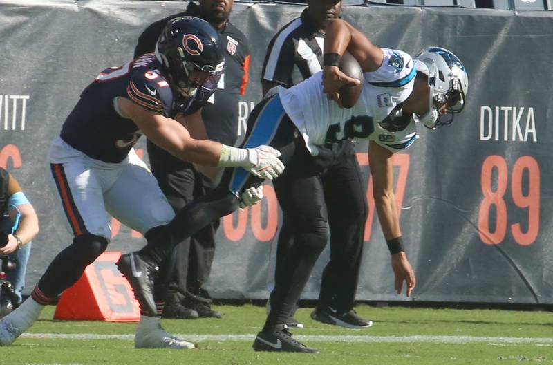 Chicago Bears linebacker Jack Sanborn brings down Carolina Panthers quarterback Bryce Young on Sunday, Oct. 6, 2024 at Soldier Field in Chicago.