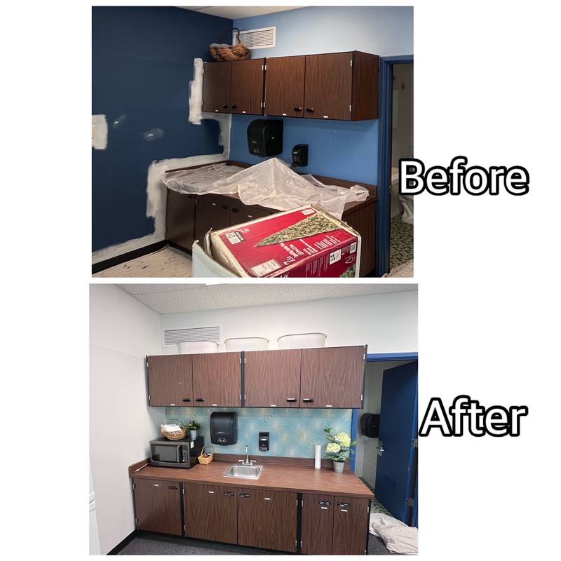 A before and after taken of the Husmann Elementary School's teacher's lounge.