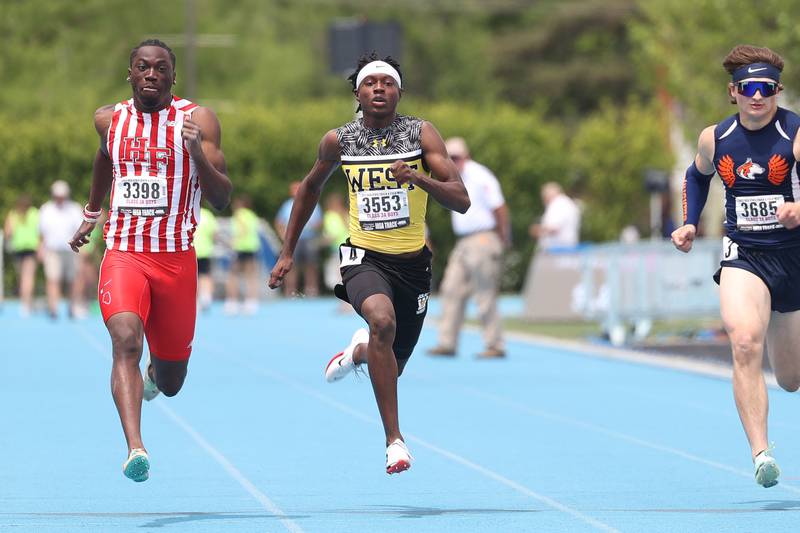 Joliet West’s Billy Bailey Jr. sprints his way to fourth place in the Class 3A 100 Meter State Finals on Saturday, May 27, 2023 in Charleston.