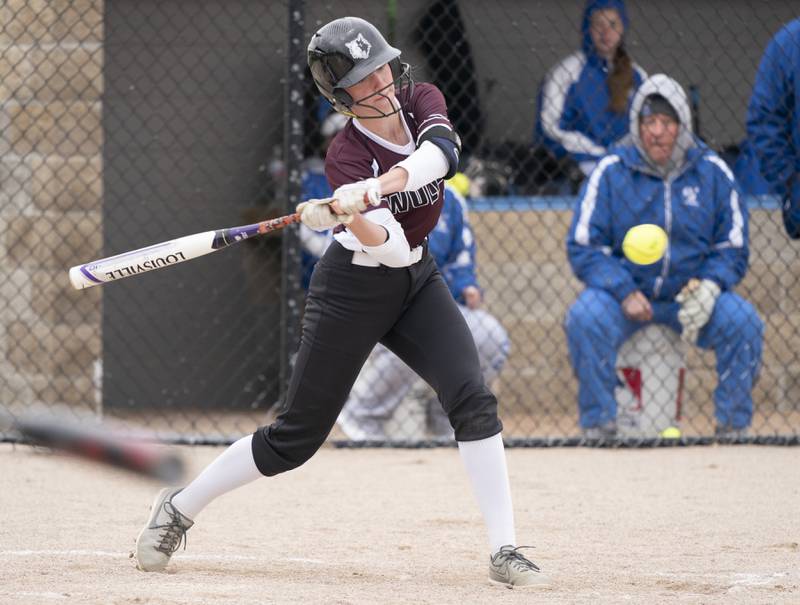 Prairie Ridge's Kendra Carroll gets a hit during their game against Burlington Central on Wednesday, April 27, 2022 at Burlington Central High School. Ryan Rayburn for Shaw Local