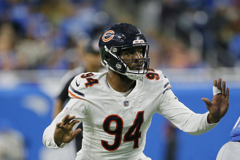 Chicago Bears outside linebacker Robert Quinn plays against the Detroit Lions, Thursday, Nov. 25, 2021, in Detroit.