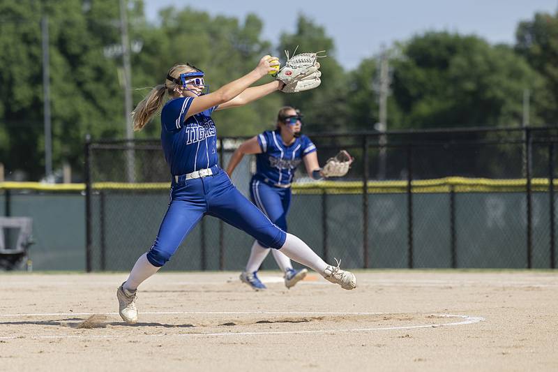 Princeton’s Reese Reviglio fires a pitch against Bureau Valley Friday, May 17, 2024 at the Class 2A regional semifinals in Rock Falls.