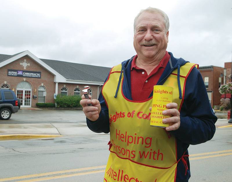 The Oregon Knights of Columbus Tootsie Roll drive in Oregon and Mt. Morris is Sept. 8-9 this year. Pictured is Bill Lindenmeier who was busy collecting donations at a past event..