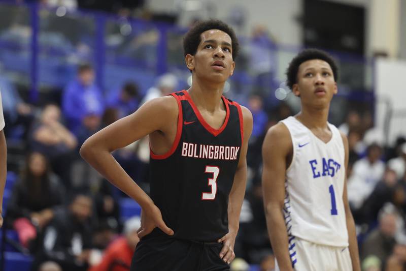 Bolingbrook’s Davion Thompson watches a teammates free-throw against Lincoln-Way East on Tuesday, Dec.12th, 2023 in Frankfort.