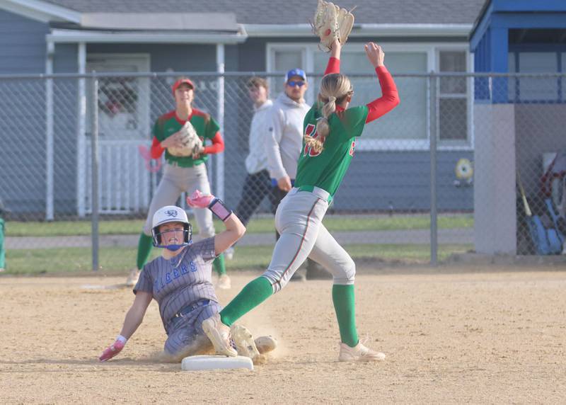 Princeton's Makayla Hecht is forced out sliding into second base by L-P's Kelsey Frederick on Tuesday, March 24, 2026 at Little Sibera Field in Princeton.