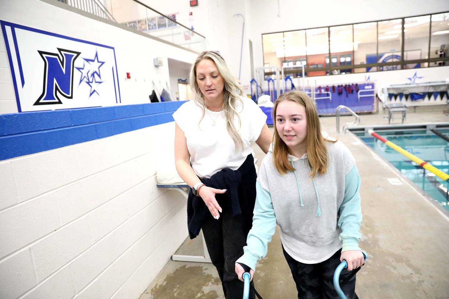 St. Charles North High School Teaching Assistant Adrienne Geiseman stepped in this fall to support student Maya Townsend, who sought to participate in swimming for the very first time. Geiseman provided Maya with direct, unwavering support throughout the season at practices and meets.