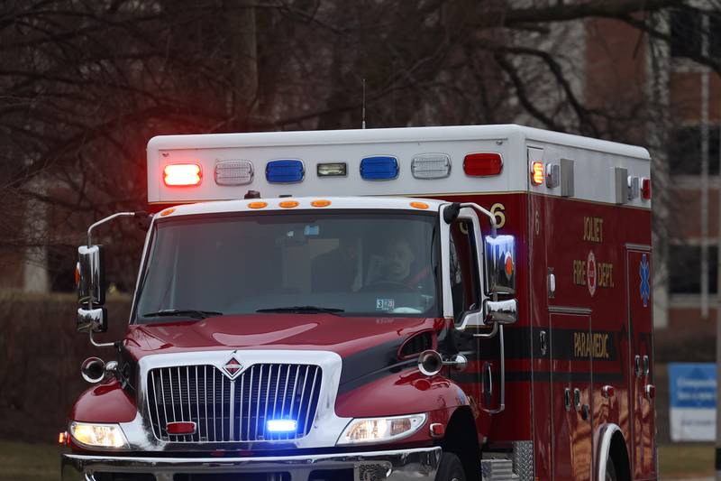 A Joliet Fire Department Ambulance pulls up to St. Joseph Hospital in Joliet.