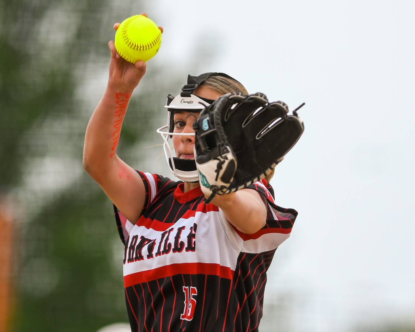 Yorkville's Isabella Rosauer (15) pitches during the sectional semifinal game on Tuesday June 3, 2025, while taking on Oswego at Oswego High School.