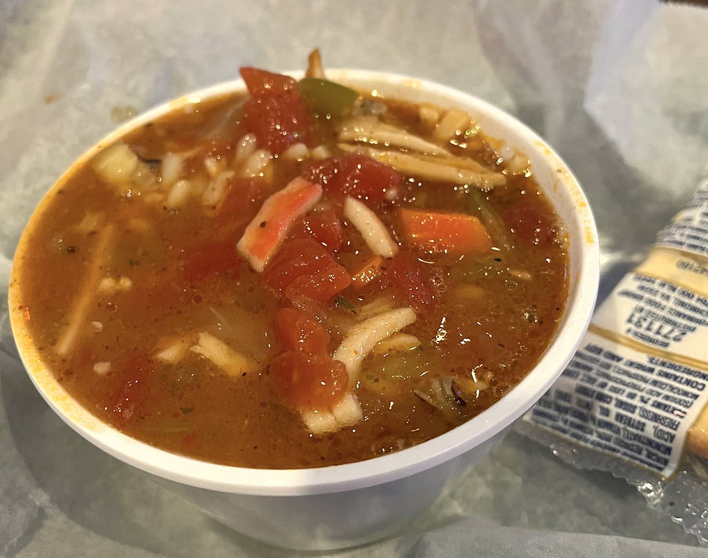 The Cajun seafood chowder was full of shrimp, potatoes, noodles, other seafood and vegetables.