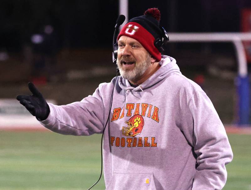 Batavia Head Coach Dennis Piron questions a call during their Class 8A state championship game against Mt.Carmel Saturday, Nov. 30, 2024, in Hancock Stadium at Illinois State University in Normal.