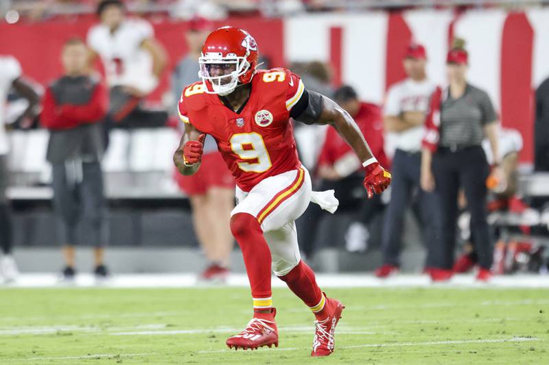 Kansas City Chiefs wide receiver JuJu Smith-Schuster (9) runs his route during a NFL football game against the Tampa Bay Buccaneers, Sunday, Oct. 2, 2022 in Tampa, Fla. (AP Photo/Alex Menendez)