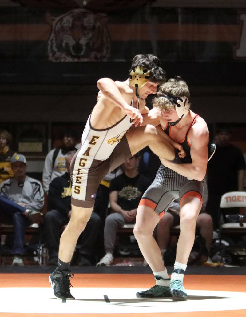 Crystal Lake Central’s Daniel Zuehlke, right, battles Jacobs’ Andrew Vormittag at 138 pounds in varsity boys wrestling on Tuesday, Jan. 20, 2026 at Crystal Lake Central High School in Crystal Lake.