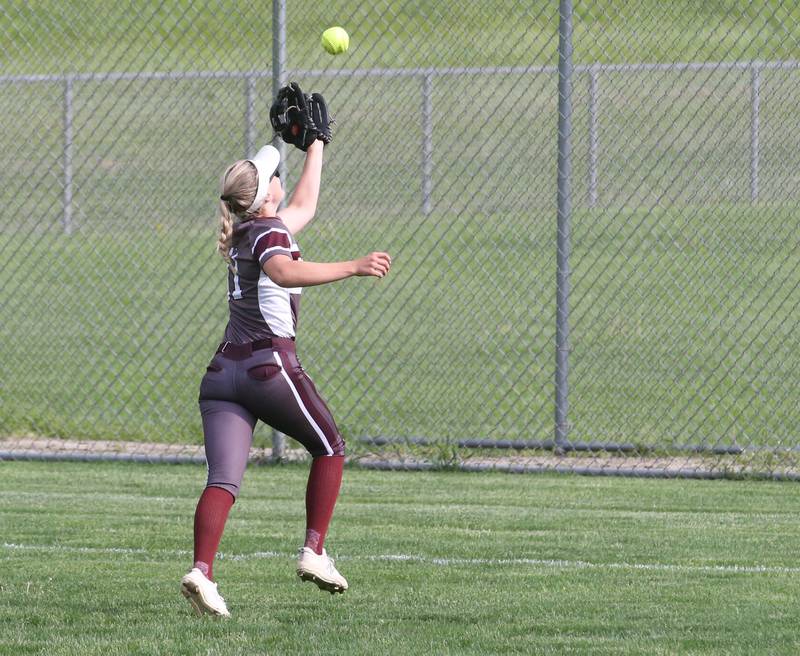 Morris's Kylee Claypool makes a catch in left field on Monday, May 15, 2023 at Ottawa High School.