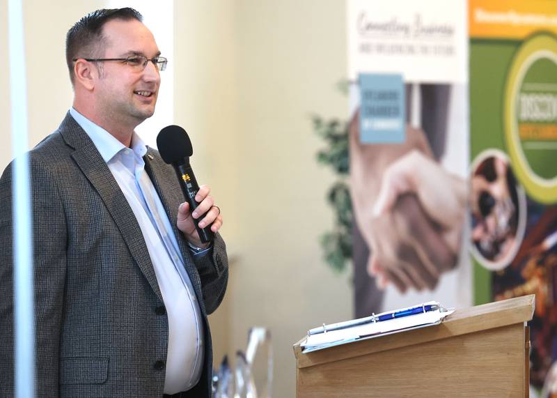 Sycamore Chamber of Commerce Board of Directors President Robert Heck, makes some remarks during the 106th Annual Chamber Meeting Thursday, March 2, 2023, in Memorial Hall at St. Mary's Catholic Church in Sycamore.