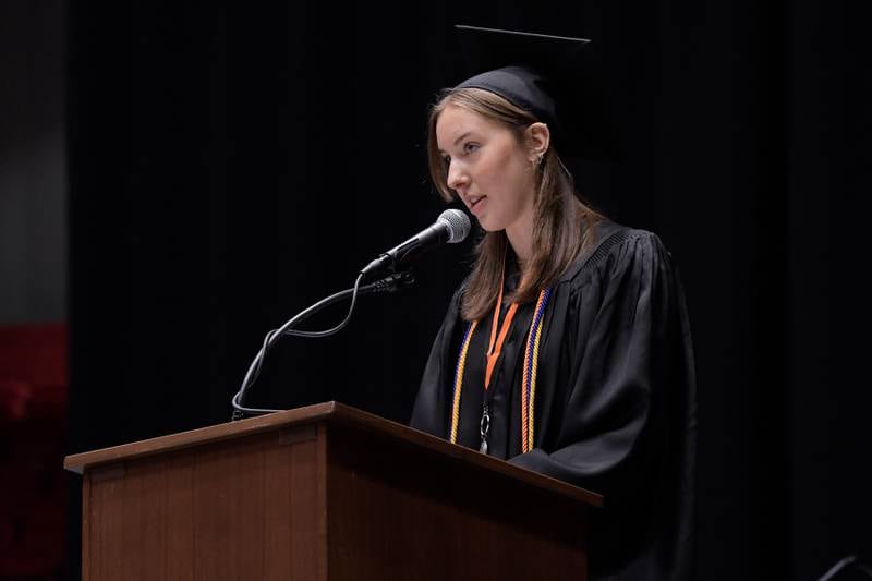 Paige Walker speaks during the DeKalb High School graduation ceremony at the Convocation Center in DeKalb on Saturday, May 28, 2022.