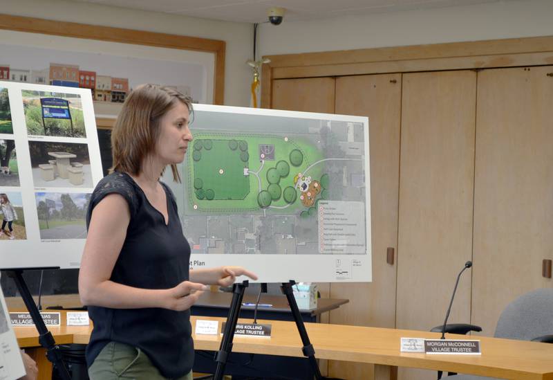 Hitchcock Design Group Senior Associate Monica Goshorn-Maroney listens to a question from a Mt. Morris resident about the proposed redevelopment of Zickuhr Park before answering during an Aug. 1, 2023, community meeting. The village plans to apply for an Illinois Department of Natural Resources OSLAD grant to help cover half the cost of the project.