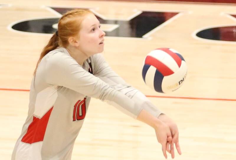 Woodland's Gabby Jacobs hits the ball against Earlville on Wednesday, Sept. 25, 2024 at Woodland High School.