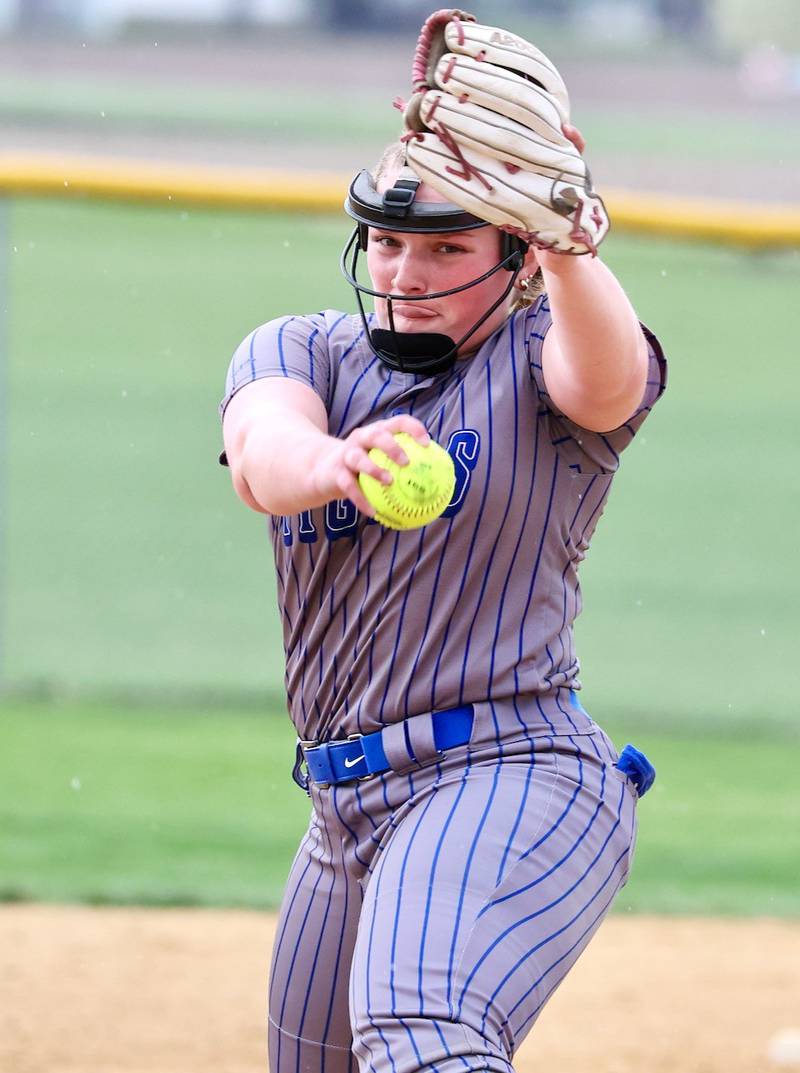 Princeton's Avah Oertel fires a pitch in Tuesday's game vs. Newman at Little Siberia. She struck out 13 in seven innings in relief in an 8-2 win.