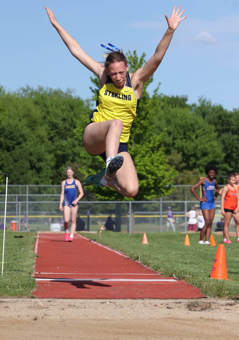 Sterling’s Kirra Gibson participates in the long jump Wednesday, May 8, 2024, during the girls track Class 2A sectional at Rochelle High School.