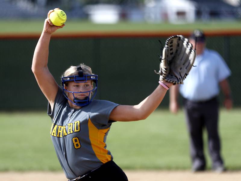 Harvard’s Tallulah Eichholz grows a pitch  during a nonconference softball game against Crystal Lake Central Monday, May 15, 2023, at Crystal Lake Central High School.