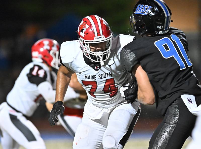 Maine South's Petar Strbac in action during a non-conference game against Lincoln-Way East on Friday, Aug. 30, 2024, at Frankfort. (Dean Reid for Shaw Local News Network)