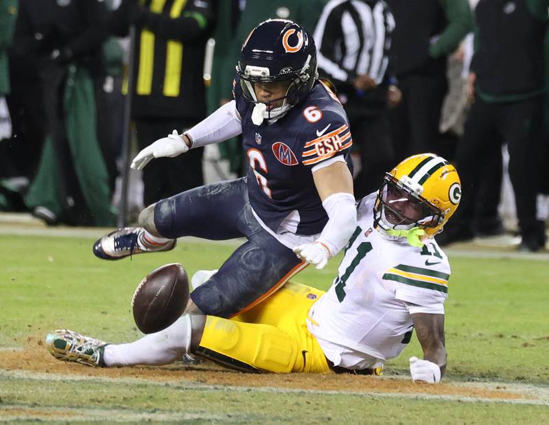 Chicago Bears cornerback Kyler Gordon breaks up a pass intended for Green Bay Packers wide receiver Jayden Reed late in the NFL Wild Card game Saturday, Jan. 10, 2026, at Soldier Field in Chicago.
