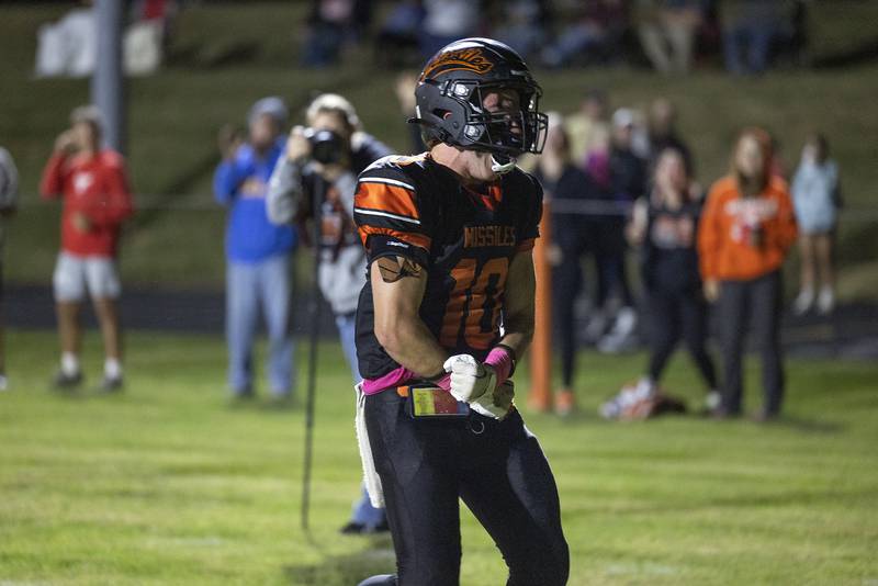 Milledgeville’s Evan Schenck celebrates a hard earned TD against Polo Friday, Oct. 4, 2024, at Milledgeville High School.
