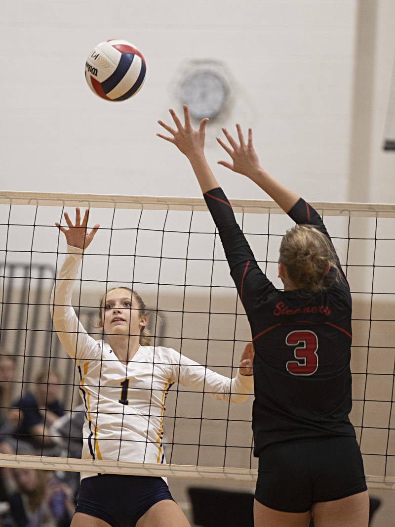 Polo’s Laynie Mandrell plays a shot against Fulton’s Annaka Hackett Thursday, Sept. 14, 2023 in Polo.