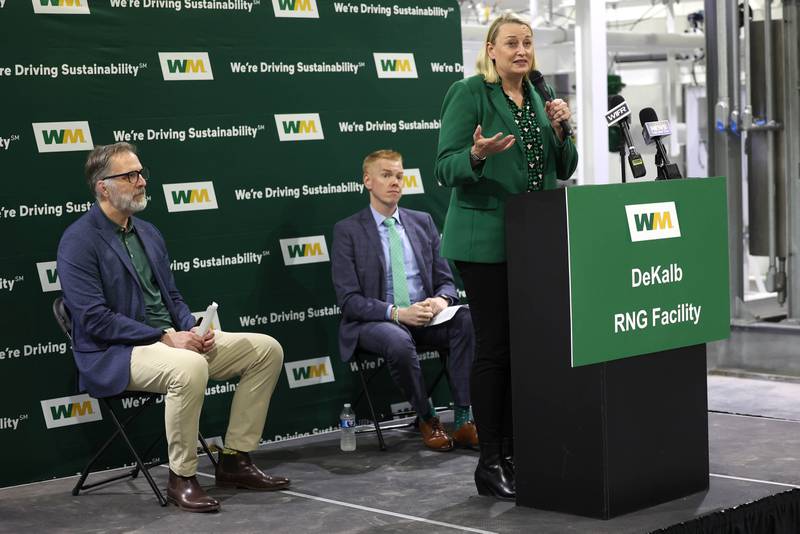 Tara Hemmer, senior vice president and chief sustainability officer for Waste Management, speaks Tuesday, April 22, 2025, during the grand opening of the Waste Management renewable natural gas facility at the landfill in DeKalb. The facility converts collected landfill gas to lower-emission renewable natural gas which can be used to power homes and natural gas powered vehicles.