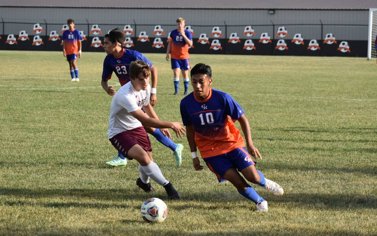 Genoa-Kingston forward Junior Leon (10) works around a Marengo defender on his way to a hat trick as the Cogs beat the Indians, 7-0, on Thursday, Sept. 30, 2021.