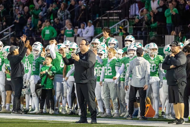 Don Gelsomino (in black, with headset), defensive coordinator at York for the past four seasons, has been hired as the Dukes' new head coach.