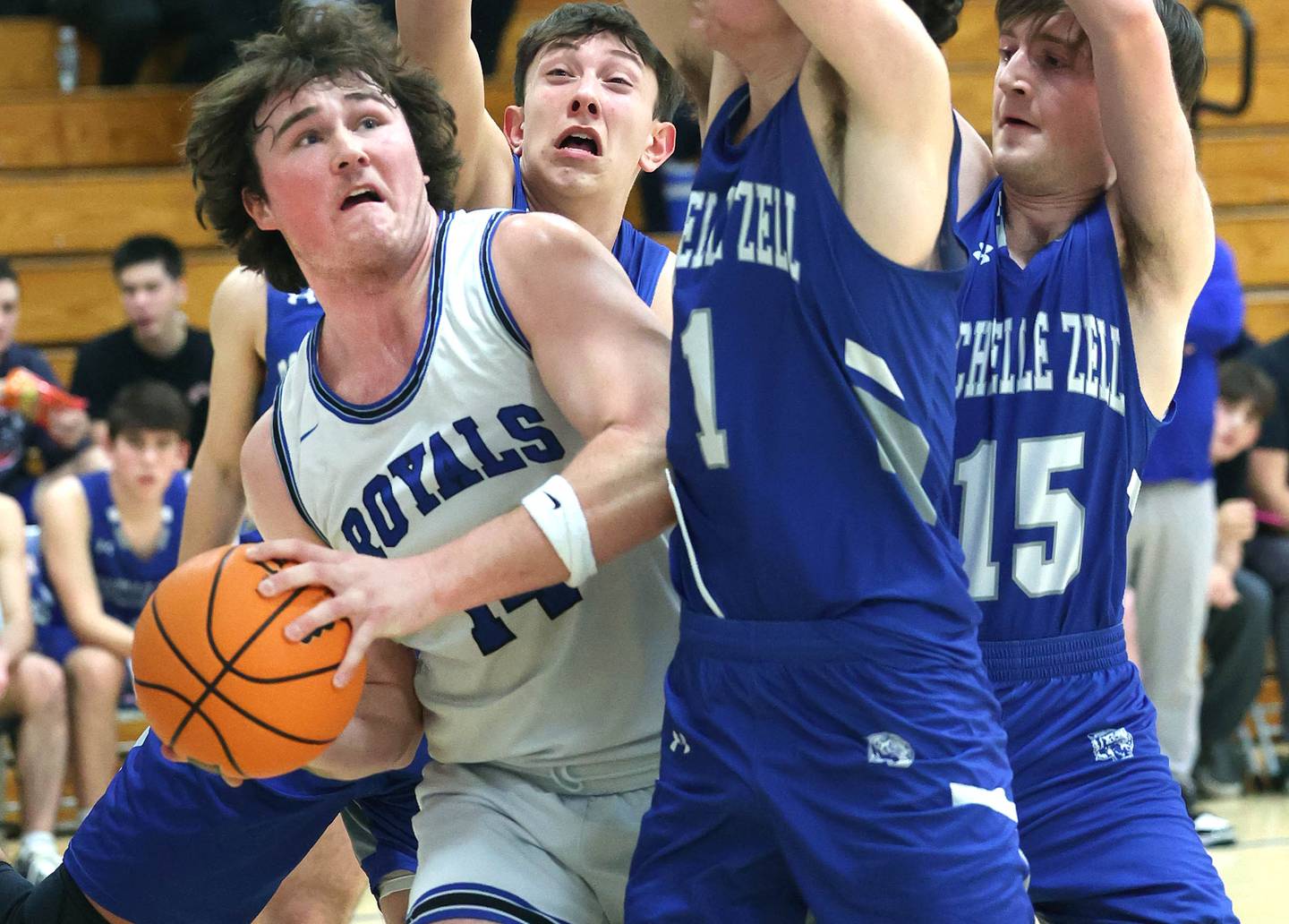 Hinckley-Big Rock's Martin Ledbetter is triple teamed by Rochelle Zell defenders during their game Tuesday, Dec. 17, 2024, at Hinckley-Big Rock High School.