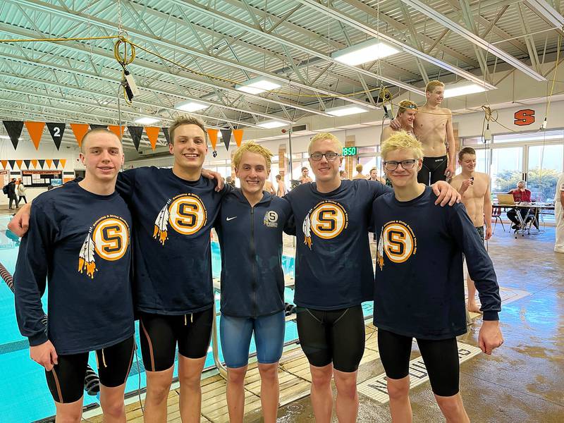 Sterling state qualifiers (from left) Skylar Drolema, Reiley Austin, Braeden Ruiz, Michael Garland and Mason Adams pose for a photo after leading the Water Warriors to the United Township Sectional title on Saturday in East Moline.