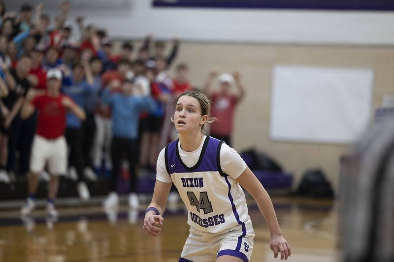 Dixon’s Ella Govig watches her second foul shot rim out with one second left which would have tied a hard fought game against the Byron Tigers Tuesday, Jan. 24, 2023.