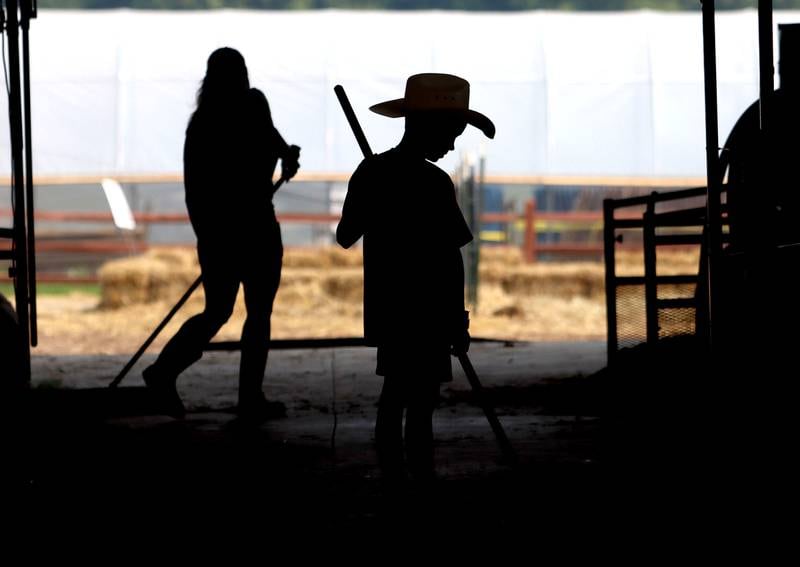 Luke Bauer, 10, of the Busy Three 4H Club from Ringwood cleans the beef barn with others on the final day of the 2025 McHenry County Fair in Woodstock on Sunday, August 3, 2025.