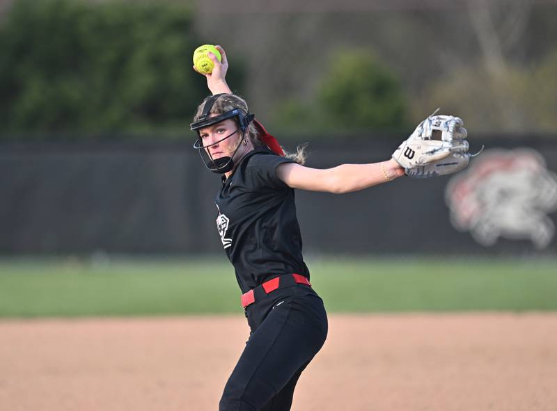 Lincoln-Way West's pitcher in action during the conference game against Lincoln-Way Central on Thursday, April. 27, 2023, at New Lenox.