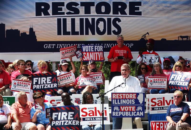 State Sen. Darren Bailey, the Republican candidate for governor in 2022, speaks at Republican Day at the Illinois State Fair Thursday.