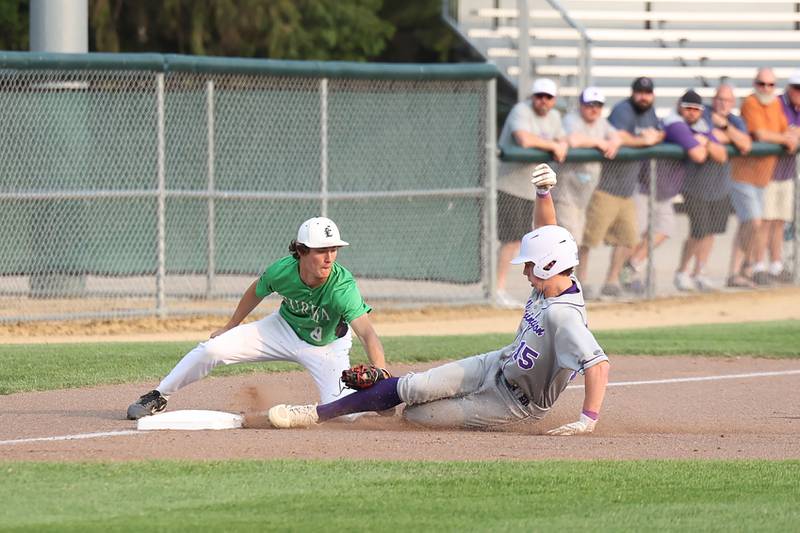 Wilmington's Declan Moran is tagged out at third base during the Wildcats' 4-0 loss to Eureka in the IHSA Class 2A Geneseo Super-Sectional on Monday, June 2, 2025.