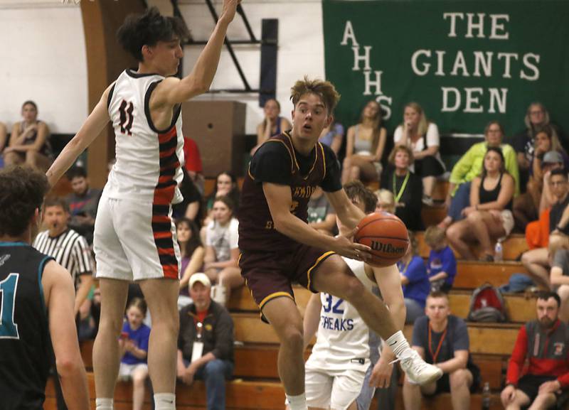 Richmond-Burton's Jonathan Groh tries to drive the baseline against McHenry's Hayden Stone during the boy’s game of McHenry County Area All-Star Basketball Extravaganza on Sunday, April 14, 2024, at Alden-Hebron’s Tigard Gymnasium in Hebron.