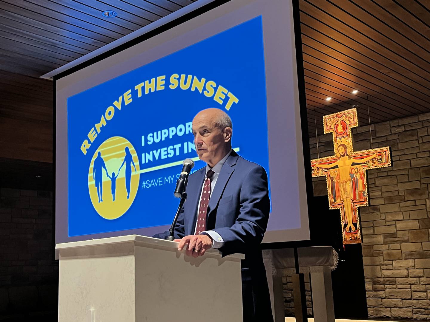 James Quaid, Diocese of Joliet school superintendent, speaks in support of the Invest In Kids Scholarship Tax Credit Program on Friday, Oct. 13, 2023, at Joliet Catholic Academy.