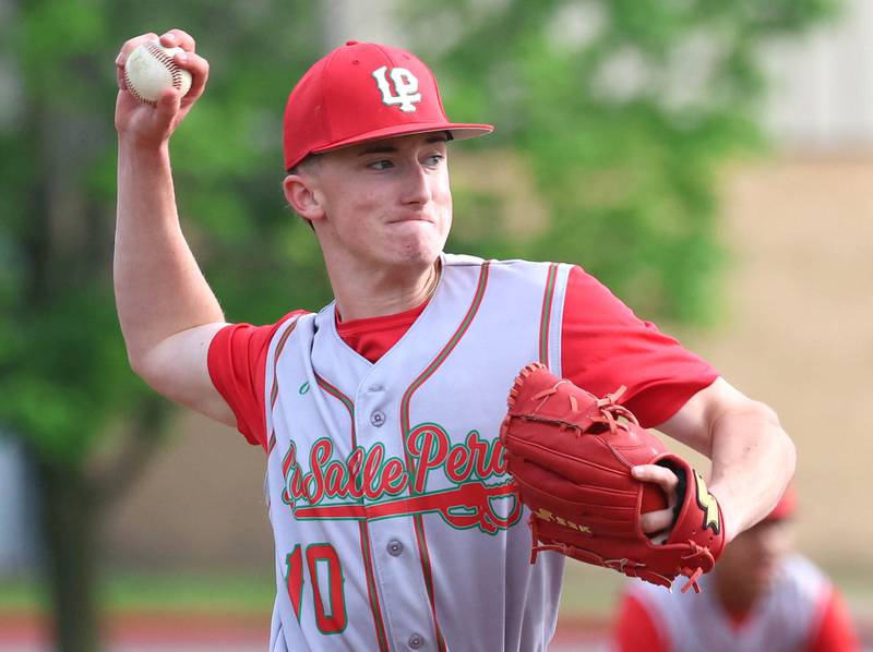 LaSalle-Peru's John Sowers delivers a pitch Tuesday, May 12, 2026, during their game at Kaneland High School in Maple Park.
