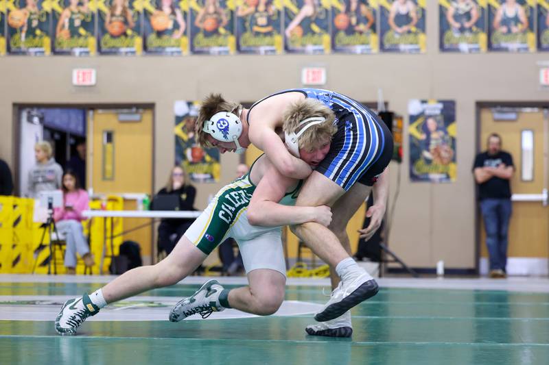 Coal City's Max Christensen wrestles Clifton Central's Evan Cox in the 144-pound championship match during the IHSA Class 1A Coal City Sectional on Saturday, Feb. 14, 2026.