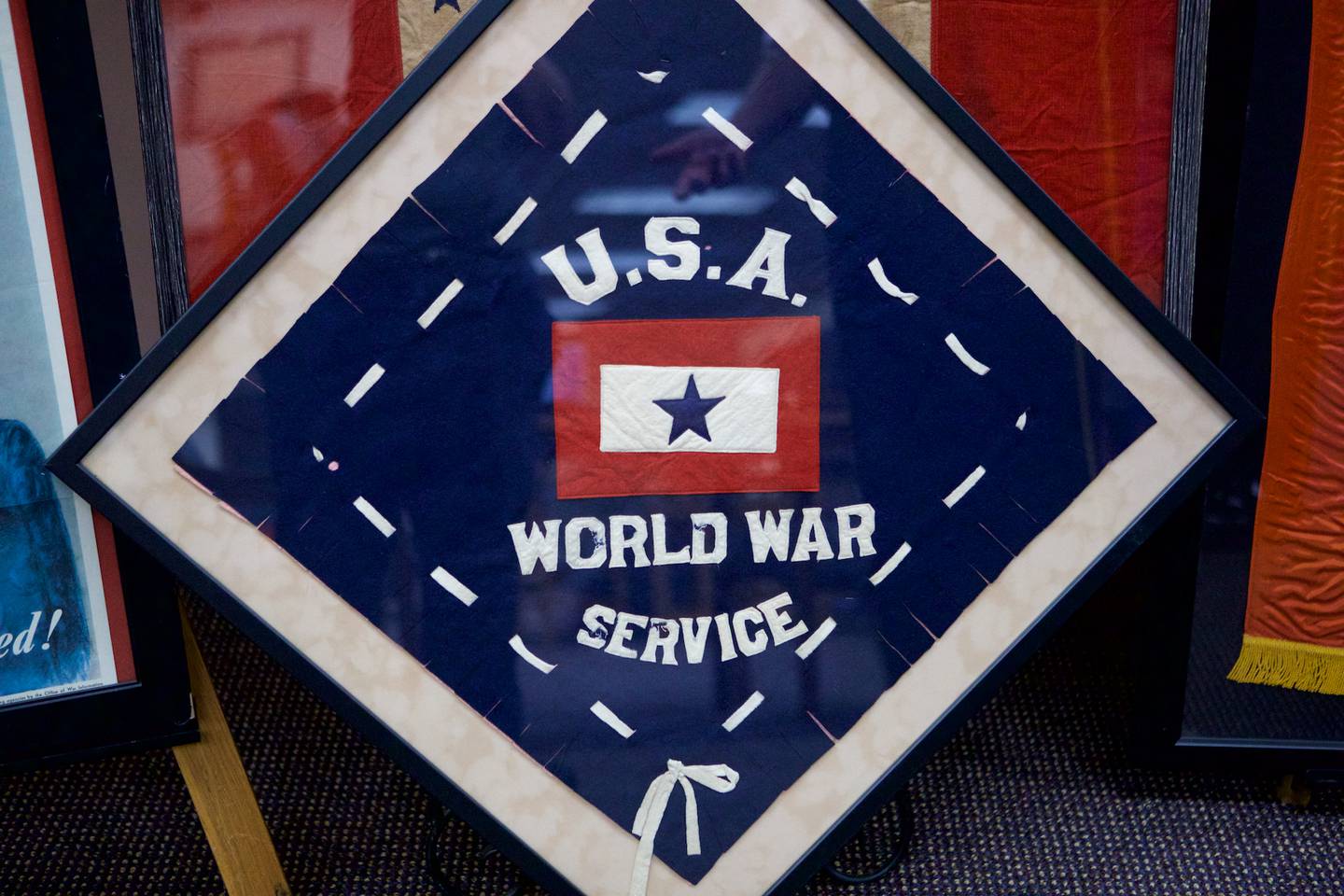 One of the service flags from the Mark Hutson collection on display at the Woodstock Public Library. A portion of the collection remains on display there through June 3, 2022.